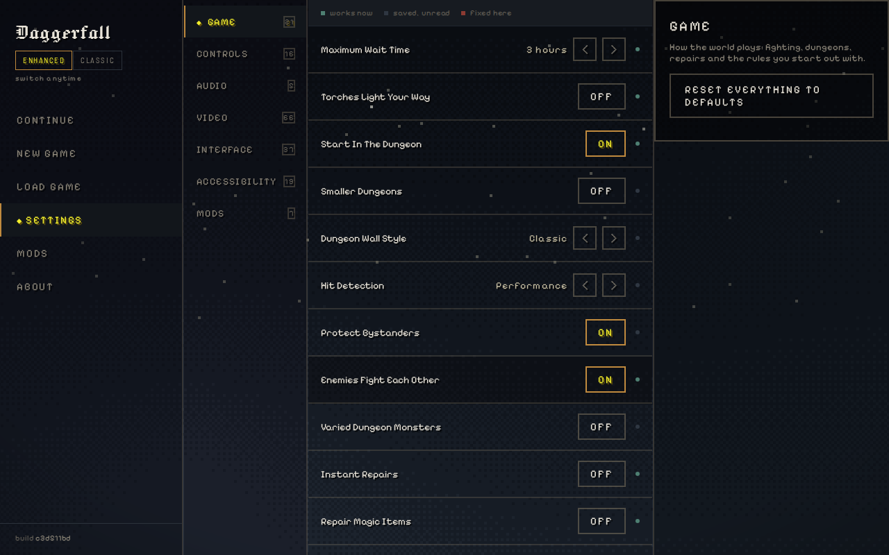 The enhanced settings: a category rail on the left and a column of named settings with their values.